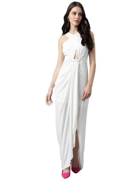 Image of Women's Elegant Draped Halter Neck Gown - Stylish Front Knot Cut-Out Evening Dress with High Slit - Outfit for Parties, Weddings & Special Occasions