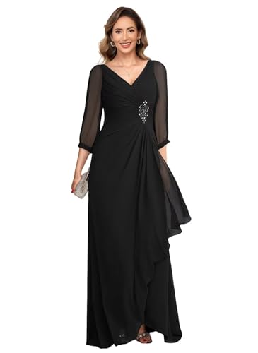 Loyeloy Women's Chiffon Long Sleeves Mother of The Bride Dresses 2025 Ruffled V Neck Aline Maxi Formal Evening Gowns