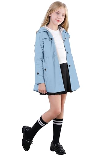 Betusline Girl's Single Breasted Windbreaker Hoodie Jacket Dress Coat Trench Coat Outerwear for Girl,1# Light Blue,7-8 Years = Tag 1403