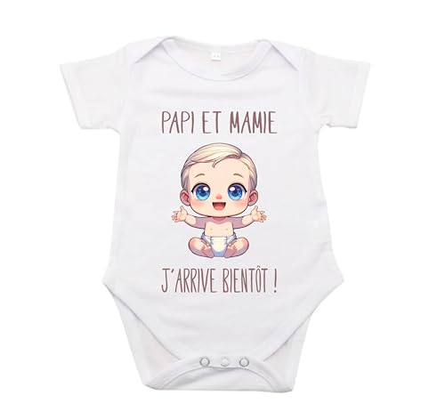 maroma [2-3] Body Bebe Papi Mamie j'arrive Coton/Annonce Grossesse/Personnalisé/ 0-3 Mois