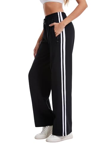 Houmous Cotton Sweatpants Womens Wide Leg Track Pants Lounge Stretch Athletic Loose Jogging Sport Zip Pockets 28 Inseam Black L