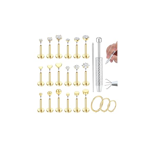 Chriscoco 16G Surgical Steel Labret Piercing Jewellery Internally Threaded Flat Back Earrings Nose Studs Helix Tragus Earrings Hoop Earring Lip Medusa Conch Tragus Helix Piercing Jewellery Gold