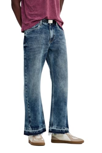Image of SNITCH Men Flared Fit Jeans | Mid Rise Stone-Washed Denim with Raw Frayed Hem & 5-Pocket Design | 100% Cotton Woven Fabric for Casual & Everyday Wear