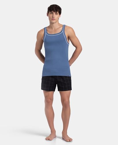 Image of Jockey US54 Men's Super Combed Cotton Rib Square Neckline Gym Vest with Back Panel Graphic Print (Shoulder Starp Color May Vary)