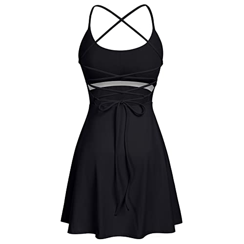 IDOPIP Tenniskleid für Damen mit integriertem BH und Shorts mit Taschen Sexy Schnürung Rückenfreies Golf Athletic Sportkleider schwarz S