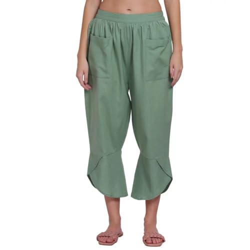 Image of Organic Cotton Yoga Pants with Loose Fit, Elasticated Waistband, Front Pockets, and Breathable Stretch for Women & Girls- Green (Bael)