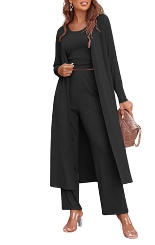 Ladies 3 Piece Long Sleeve Soft Set Hide Belly Fat Formal Sweatsuit Open Front Casual Cardigan