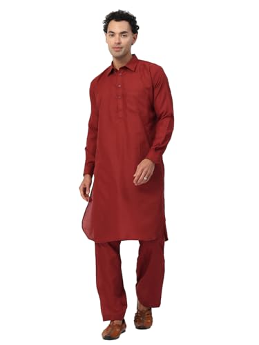 Image of Men's Traditional Pathani Kurta Salwar Set, Red, Long Sleeve, Collared Neck, Cotton Blend, Ethnic Wear