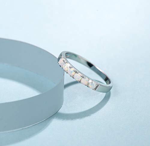 FANCIME Opal Rings Sterling Silver 6 stones Created Fire Opal Ring Engagement Wedding Eternity Band October Birthstone Rings for Women Fine Jewelry for Women Size 5,6,7,8,93