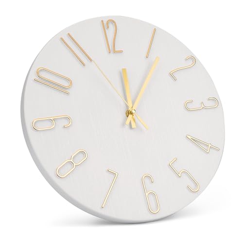 Wall Clock 12 Inch Silent Non-Ticking Imitation Wood Indoor Clock Round White Decor Clock Modern 3D Figures Quartz Wall Clocks for Home, Hotel, Office, School, Bedroom, Living Room, Kitchen - Image 2