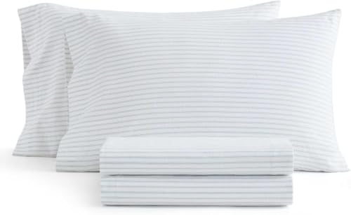 Image of Martha Stewart - Twin Sheet Set with Fitted Sheet & Pillowcase, Soft Cotton Flannel Bedding, Deep Pocket, Ticking Stripe Blue