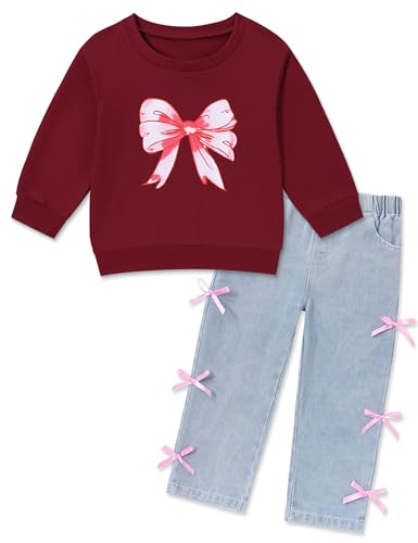Toddler Girl Clothes Bow Print Crewneck Sweatshirt Straight Denim Jeans Baby Girl Fall Outfits Size 12M-5T