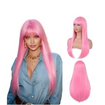 Perruque rose à frange droite avec bandeau pour femme change de style facilement
