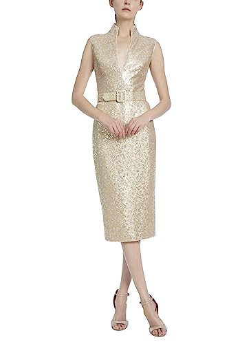 Badgley Mischka Gold Sequined Sheath Dress With Belt And Standup Collar #TOP21