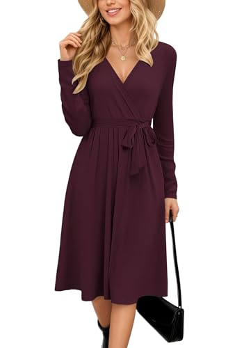 MOLERANI Strickkleid Damen Herbstkleid Langarm V-Ausschnitt Winterkleid Damen A-Linie Freizeitkleid mit Taschen Weinrot L