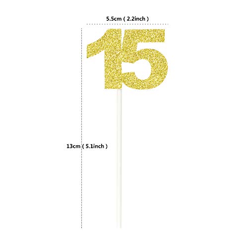 Ercadio 24 Pack Gold Numbers 15 Cupcake Toppers Glitter 15Th Birthday Cupcake Picks Anniversary Party Cake Decoration Supplies #TOP22