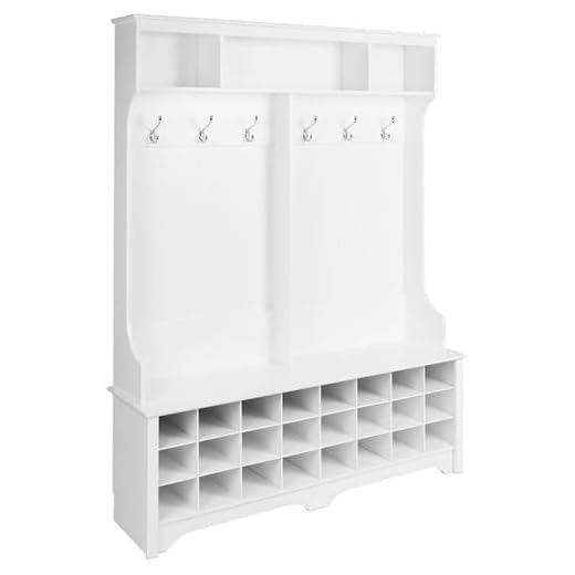 Prepac 24 Shoe Cubby Wide Hall Tree With Bench & Coat Hooks, 15. 5" D x 60" W x 77" H, White