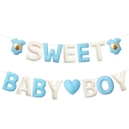 Blue Baby Shower Decorations Pre-Strung Handmade Felt Sweet Baby Boy Sign Baby Clothes Heart Banner for It's a Boy Welcome Home Party Nursery Home Fireplace Mantle Room Decor