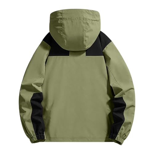 Image of Color Block Waterproof Hooded For Men Rain Shell Jacket Windproof Coat With Adjustable Drawcord Hood & Velcro Cuffs Packable Zip Up Hiking Camping And Fishing Outdoor Activities Green Xs