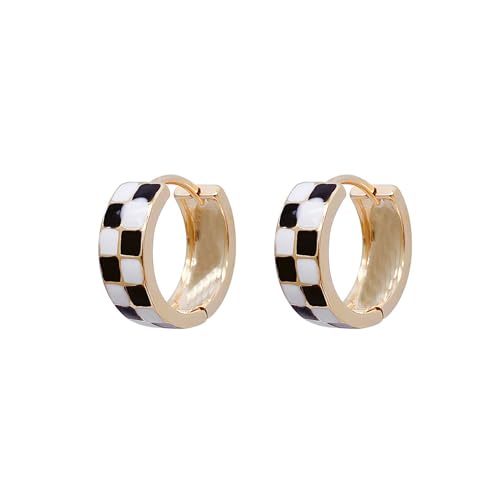 Checkered Hoop Earrings for Women, Black White Checker Small Hoop Earrings Plated with 16K Gold for Women