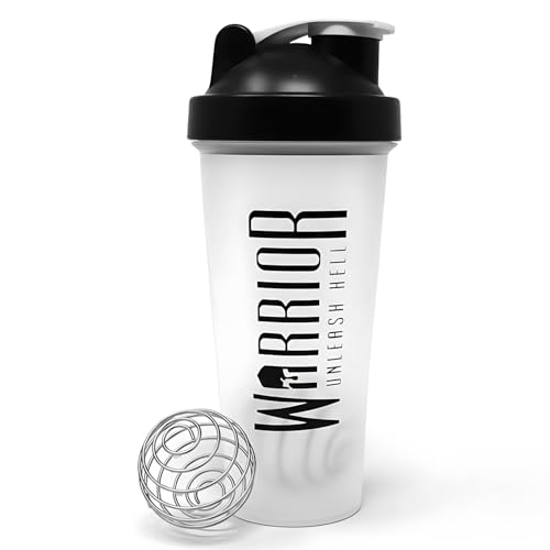 Warrior Protein Shaker Bottle, 600ml with Wire Mixball Blender – Leakproof Clear Gym Bottle for Mixing Whey Protein Shake, Smoothies, Milkshake, Juice, Supplement Drinks – BPA Free, Dishwasher Safe