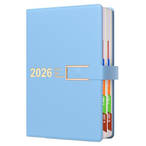 Agenda 2026 A5, página por día, agenda diaria de productividad de enero a diciembre de 2026 con pestañas mensuales coloridas, banda de hebilla magnética, lazo para bolígrafo y bolsillo interior (8.5 x