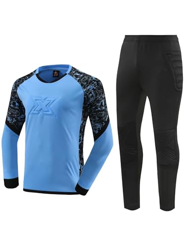 IEFIEL Traje de Deportivo Fútbol para Niños Manga Larga Camisetas Equipación Acolchado de Portero y Pantalones de Chándal Ropa de Entrenamiento 7-16 Años Cielo Azul A 11-12 años