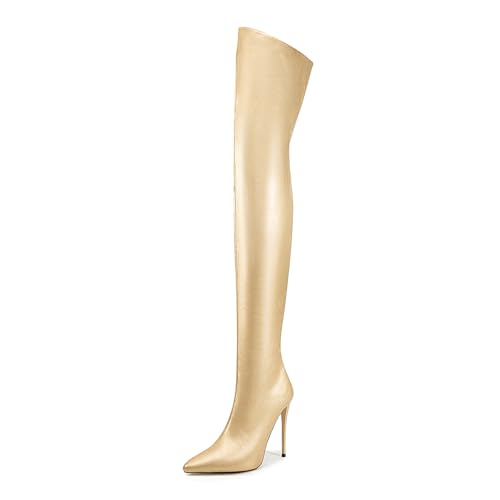 Image of Thigh high boots for women striped Back zipper Burgundy Zebra Print Over the knee Sexy gold white pointed toe Cow Print leopard Magenta stiletto heel