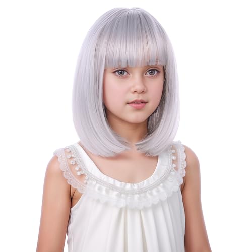 DUDUWIG Girls Silver Grey Wig Kids Short Silver Gray Straight Wig Children Silver Gray Wig with Bangs Hairnet Include
