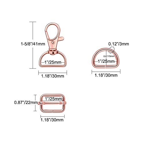 WAFJAMF Metal Snap Hook Ring Bulk 30 Pcs, 10Pcs Swivel Clasp Buckle and 10Pcs Non-Welded D Ring 10Pcs Adjustable Rectangular Buckle (1” Inside Width – Rose Gold)