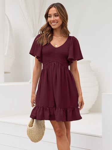Image of LILLUSORY Women's Flowy Casual Mini Dresses 2026 Summer Graduation Smocked V Neck Vacation Dress Dress with Pockets
