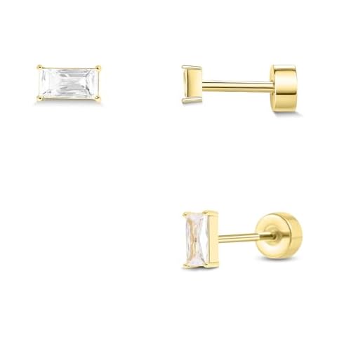 Push-in Flat Back Earrings, Hypoallergenic 14K Gold Plated Princess Cut Cubic Zirconia Stud Earrings Square CZ Studs | Cartilage Earring | Tragus Helix Piercing Jewelry | Threadless Push in Flatback Nap Earrings for Women Men (3.0x6.0 Millimeters, 14K Gold) Cover