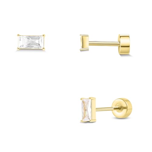 Push-in Flat Back Earrings, Hypoallergenic 14K Gold Plated Princess Cut Cubic Zirconia Stud Earrings Square CZ Studs | Cartilage Earring | Tragus Helix Piercing Jewelry | Threadless Push in Flatback Nap Earrings for Women Men