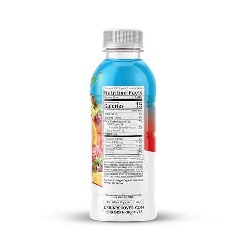RECOVER 180 Organic Hydration Sports Drink, No Sugar Added, 15 Calorie Sports Beverage, Organic Flavors With Vitamins, Potassium-Packed Electrolytes (16.9 Fl Oz (Pack of 12), Fruit Punch)