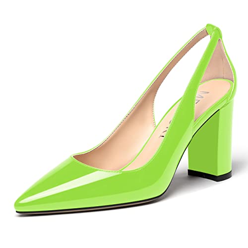 MERRORI Women's Pumps Chunky High Heel Pumps Pointed Toe Cut Out Heels Block Patent Slip On Shoes 3.3 Inch