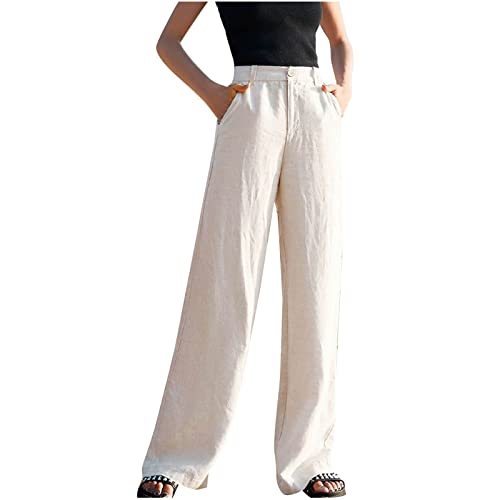 FZYLQY High-Waisted Linen Pants for Women with Pockets Wide Leg Trousers for Summer Casual Loose Fit Bottoms