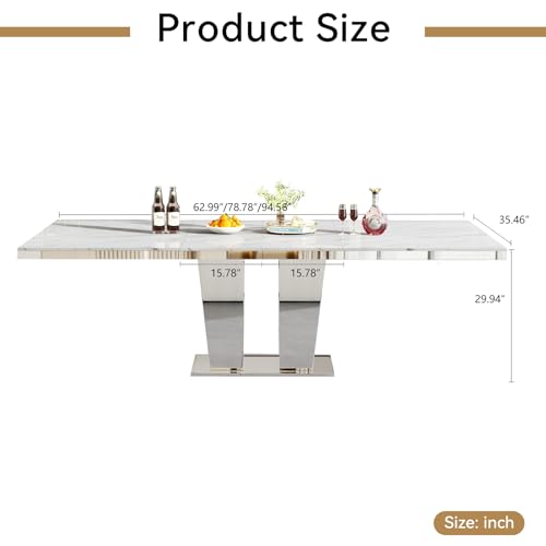Image of 94.5 inch Rectangular Dining Table for 6 8 10, Modern White Extendable Kitchen Table, Large Long Dining Room Table with Mirrored Pedestal for Dining Kitchen Living Room