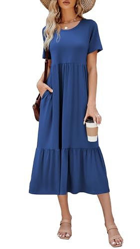 Summer Dresses for Women 2025 Flowy Maxi Sundress Short Sleeve Tiered Beach Dress with Pockets 2025 Vacation Travel