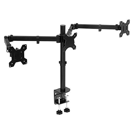 Mount-It! Triple Monitor Mount | 3 Computer Screen Desk Stand with Clamp and Grommet Base Fits Up to 24, 27, 32 Displays | Universal VESA Pattern 75x75 and 100x100