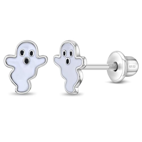 925 Sterling Silver White Enamel Ghost Safety Screw Back Earrings For Little Girls - Halloween Ghost Shaped Earrings For Children - Kids Ghostly Shaped Earrings