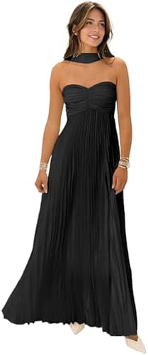 Women Bridesmaid Dress with Scarf Strapless Pleated Flowy Formal ...