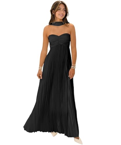 Women Bridesmaid Dress with Scarf Strapless Pleated Satin Flowy Formal Evening Gown Maxi Dresses,Black,M