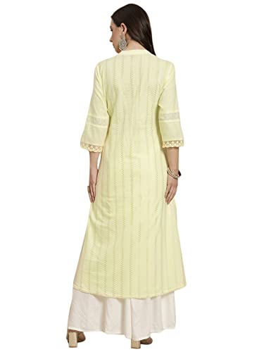 Image of Juniper Yellow Cotton Dobby Printed A-Line Kurta with Mask