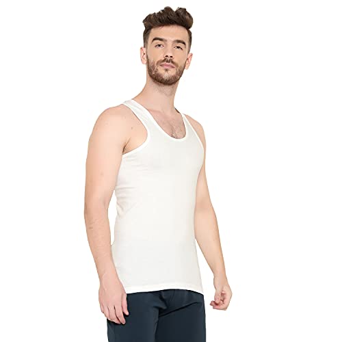 Image of Men's 100% Pure Cotton Sleeveless Round Neck Vest - Modern White Baniyan, Pack of 2 /3 /5 /10
