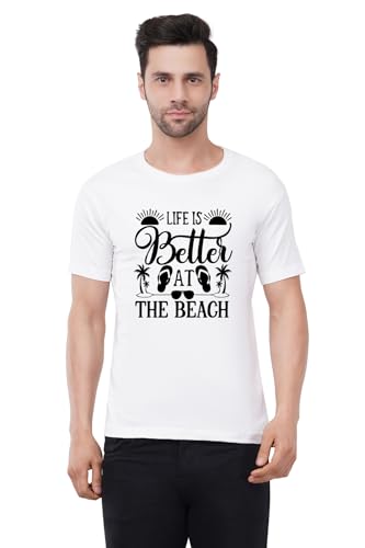 Image of Caseria Men's Cotton Printed T-Shirt -Life is Better Beach | 100% Cotton | Half Sleeves | Regular Fit | Printed | Round Neck | Graphic T Shirt