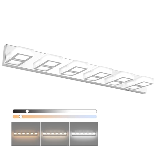 Image of Ralbay Modern Chrome Bathroom Vanity Lights 5 Color Temperature Dimmable Acrylic Modern LED Bathroom Vanity Lighting Fixtures Chrome 40.4inch