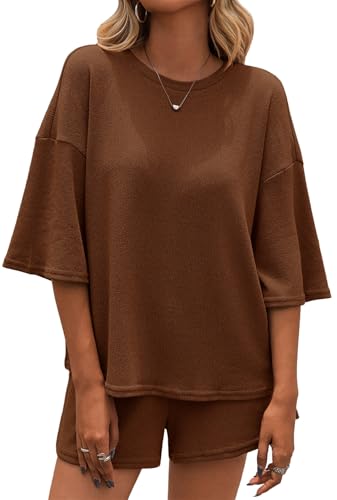 Tankaneo Womens 2 Piece Outfits Sweater Set Lounge Sets 3/4 Sleeve Oversized Tops and Elastic Waist Shorts Pajama Sets