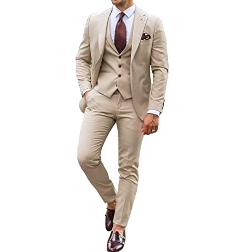 Men Beige Tan 3-Pieces Notch Lapel Prom Party Tuxedo Groomsman Wedding Suit Slim Fit Jacket Pants Vest