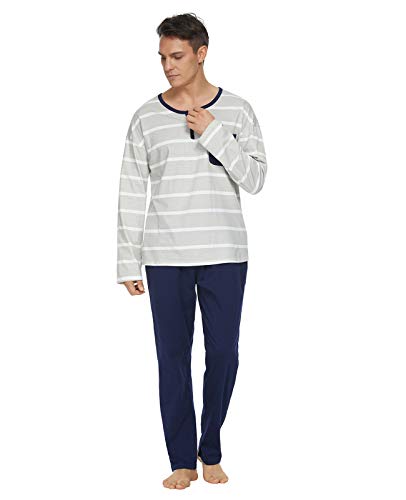 GOSO Mens Pamajams Set-100% Cotton Pajamas for Men Lightweight Striped Round Neck Long Sleeve Pjs Set Lounge Sleepwear2