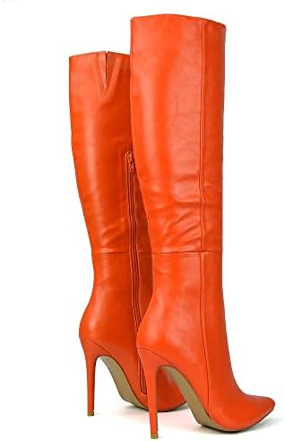 Kino London Womens Knee High Boots Ladies High Heel Stiletto Pointed Toe Zipper Evening Booties Shoes (6, Orange Synthetic Leather, numeric_6) | Image 2